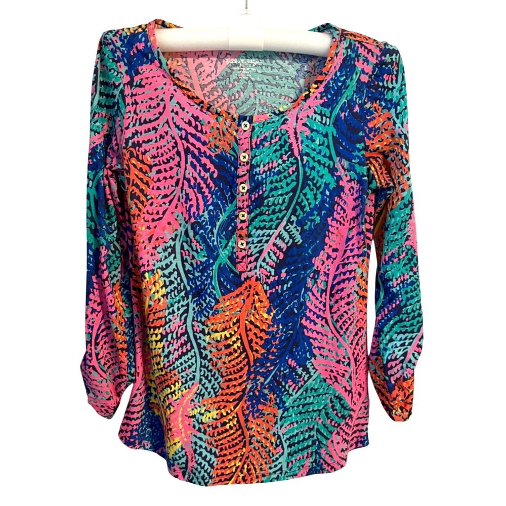 Lilly Pulitzer Electric Feel Henley Top Multicolor Blouse XS 100% Pima Cotton